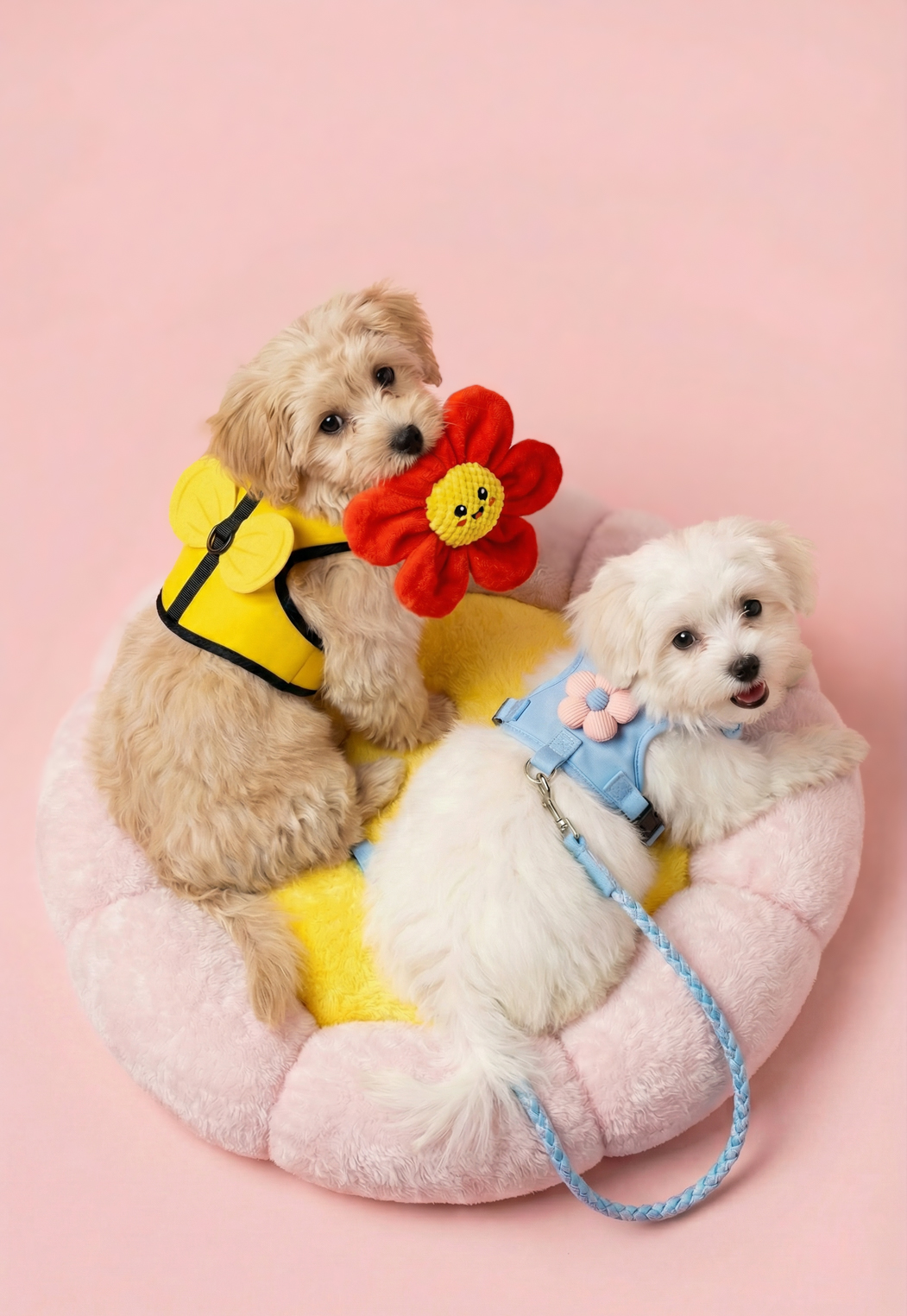 Кучето държи цветна играчка.